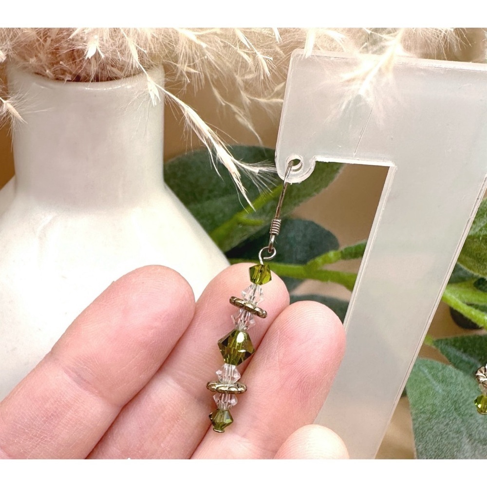 Olive Green & Crystal Dangle Earrings - Picture 4 of 4